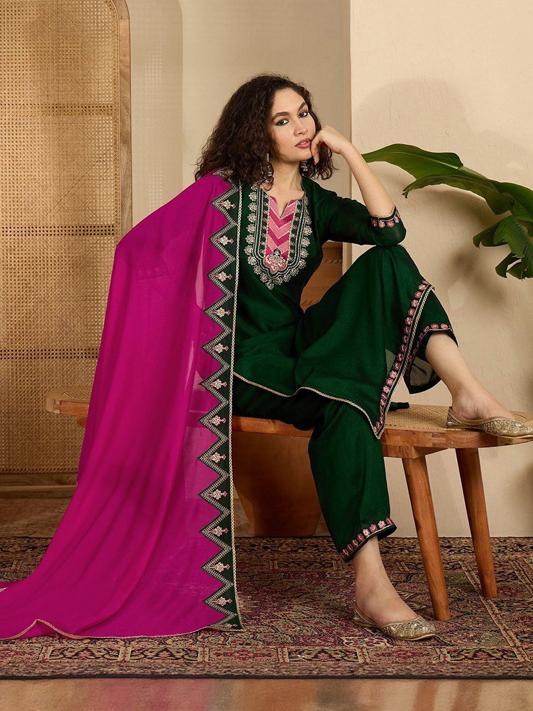 Sangria Embroidered Sequence Kurta & Trousers with Dupatta Set