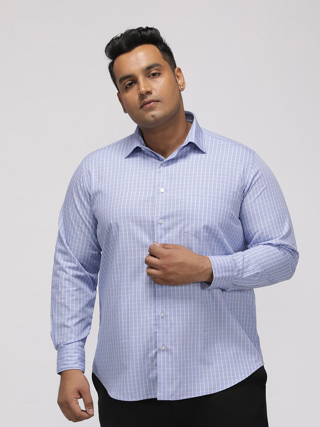 Big Hello - The Plus Life Plus Size Windowpane Checked Long Sleeves Cotton Shirt