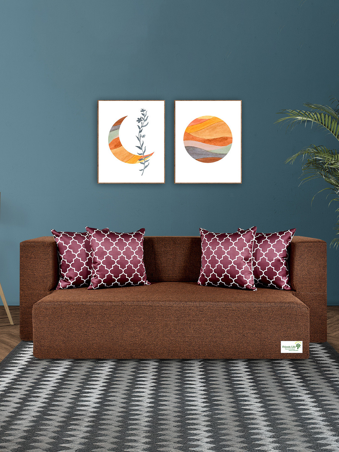 FRIENDS LIFE Brown & Maroon 3 Seater Comfort Sofa Cum Bed With Pillows