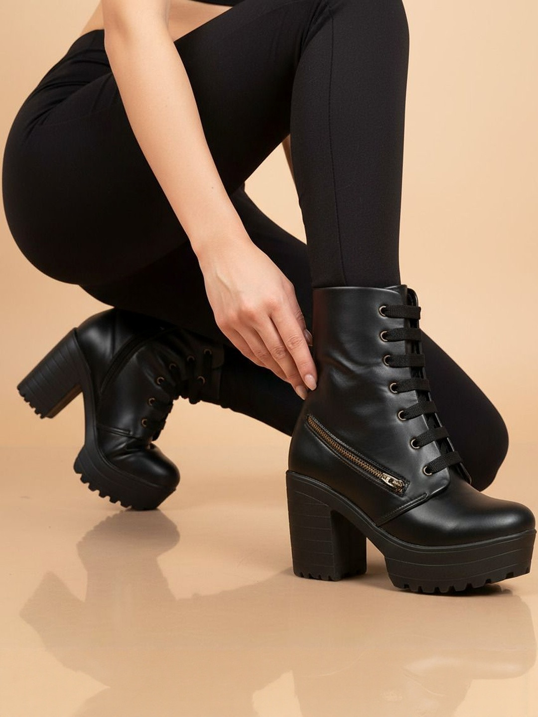 FRANINO PARIS Women Solid Block Heel Lace Up & Side Zip Boots