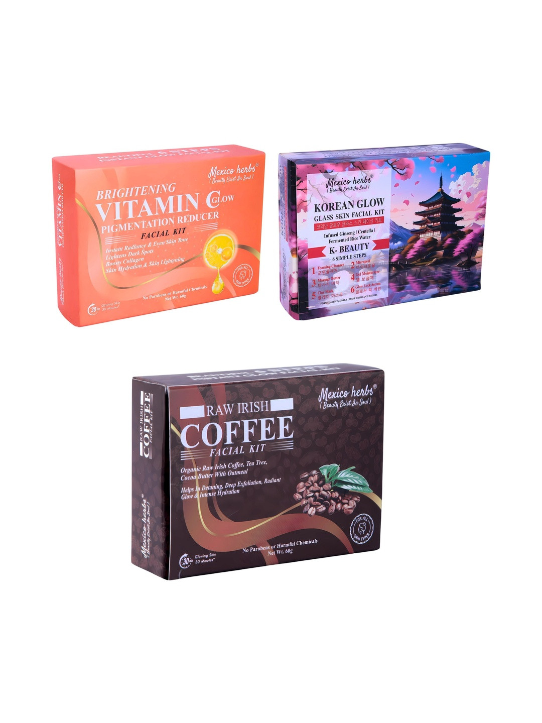 Mexico herbs Set Of 3 Vitamin C, Korean Glow & Raw Irish Coffee Facial Kit - 10 g Each