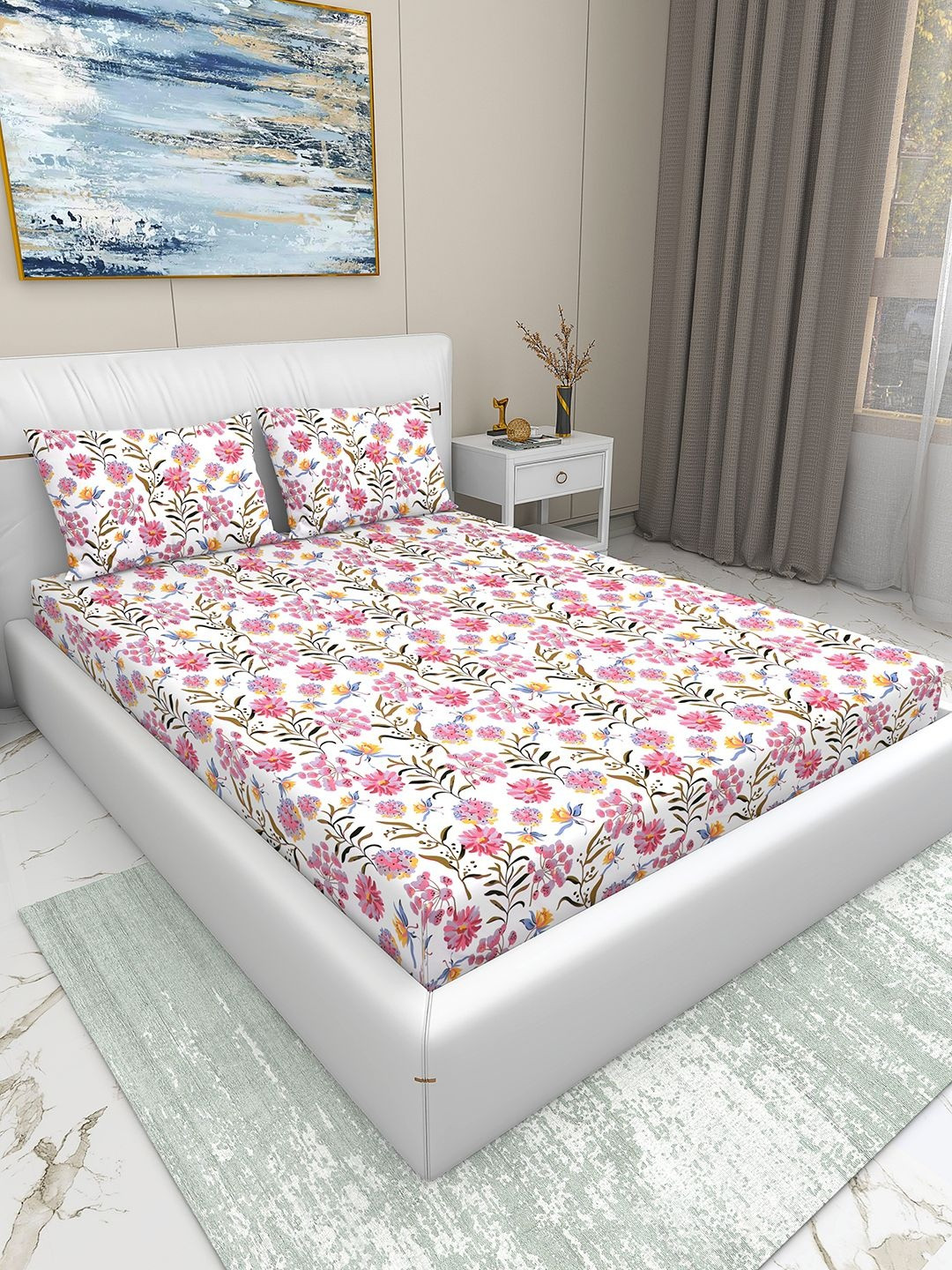 Aura Pink & White Floral Printed Cotton 220 TC Double King Bedsheet 108 x 108 inch