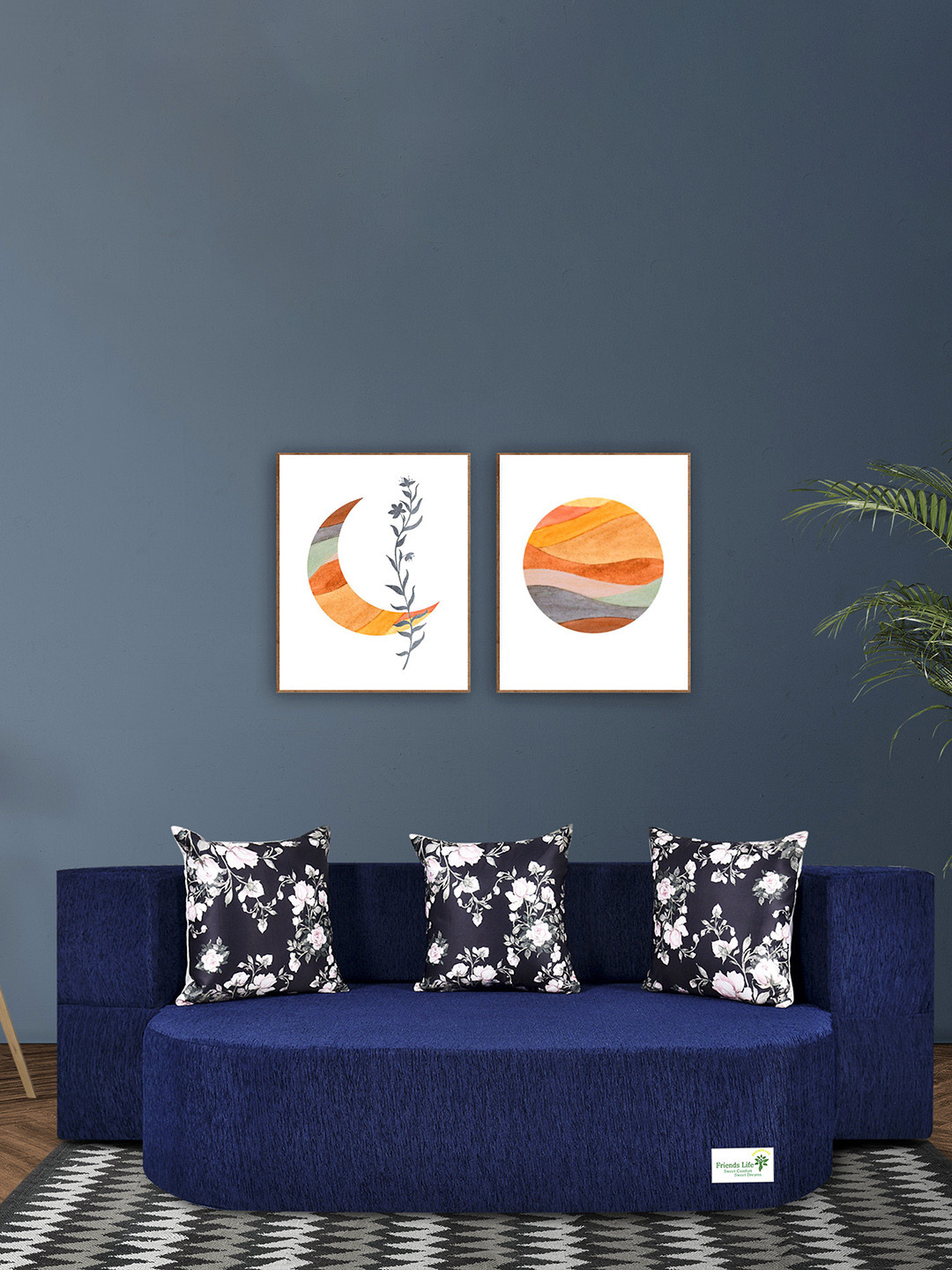 FRIENDS LIFE Blue & Black 3 Seater Fold Out Sofa Cum Bed With Pillows