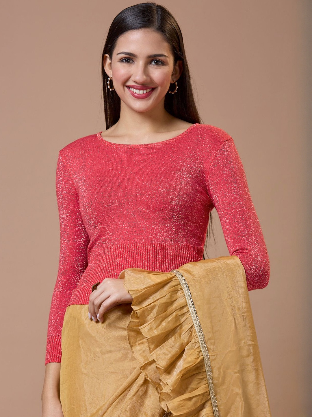 SALWAR STUDIO Embellished Woolen Round Neck Stretchable Saree Blouse