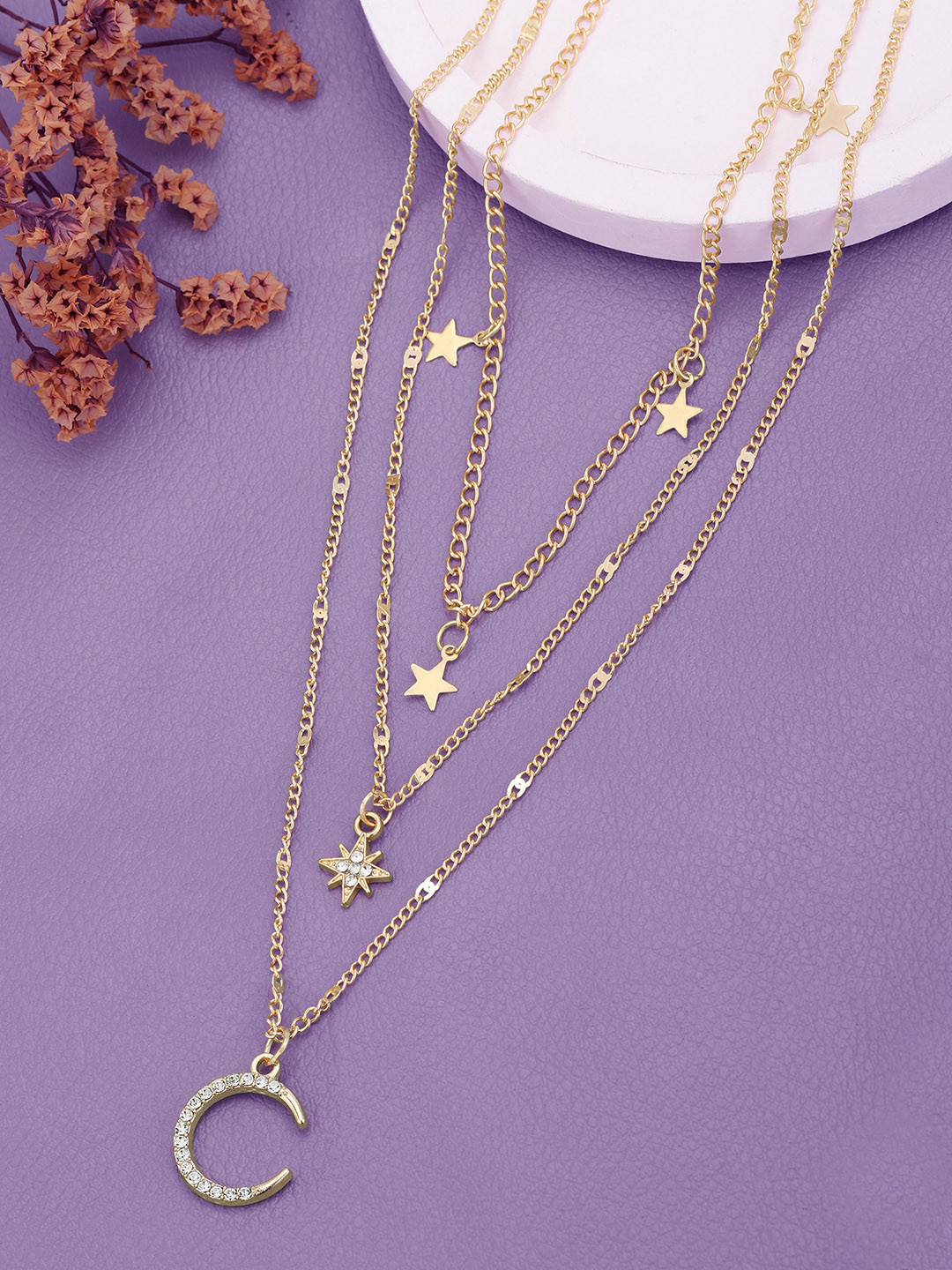 Carlton London Rose Gold Plated CZ Moon and Star Pendant Multi Layered Necklace