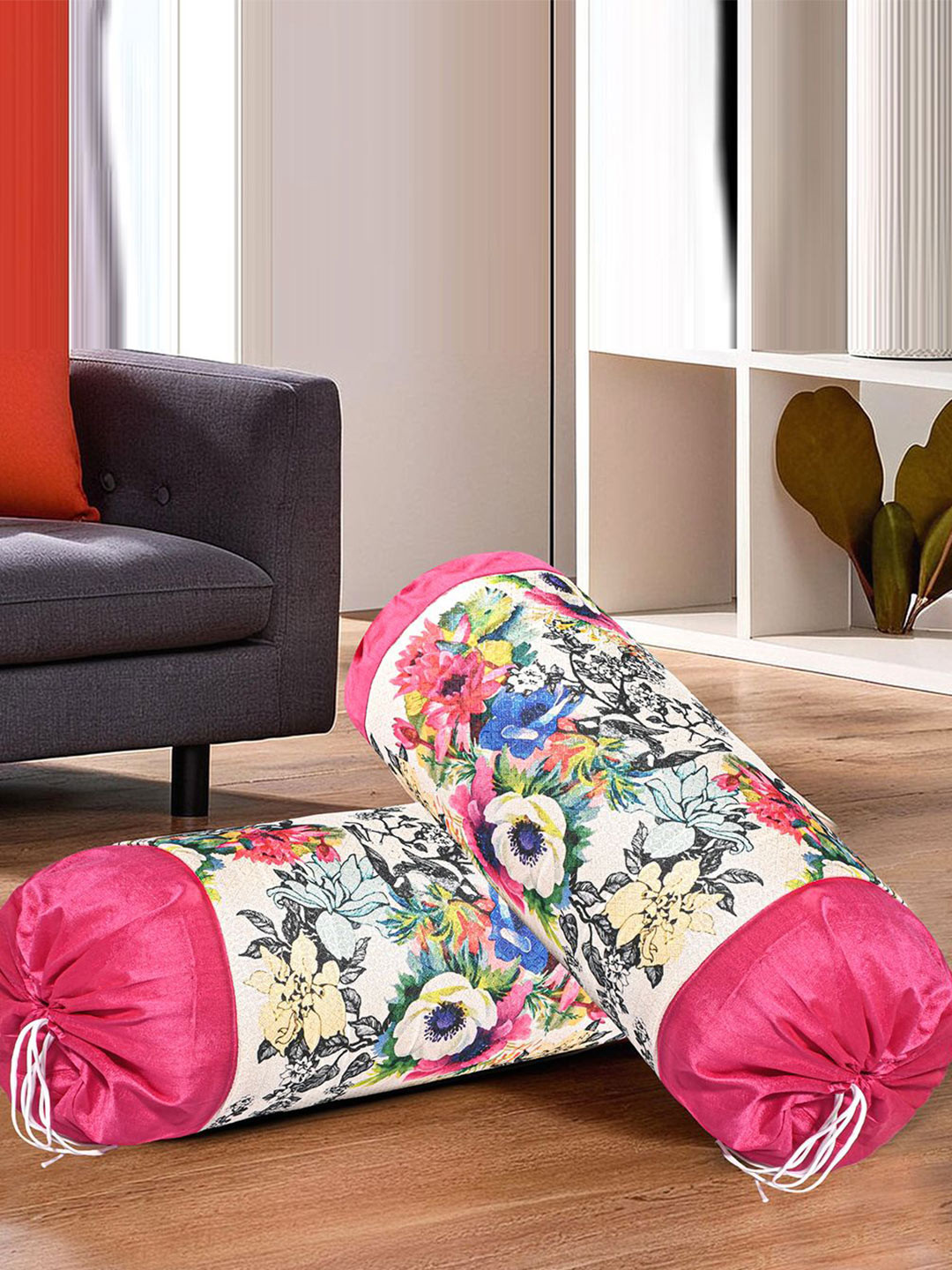 Kuber Industries 4Pcs Floral Cotton Round Side Bolster Covers With Dori