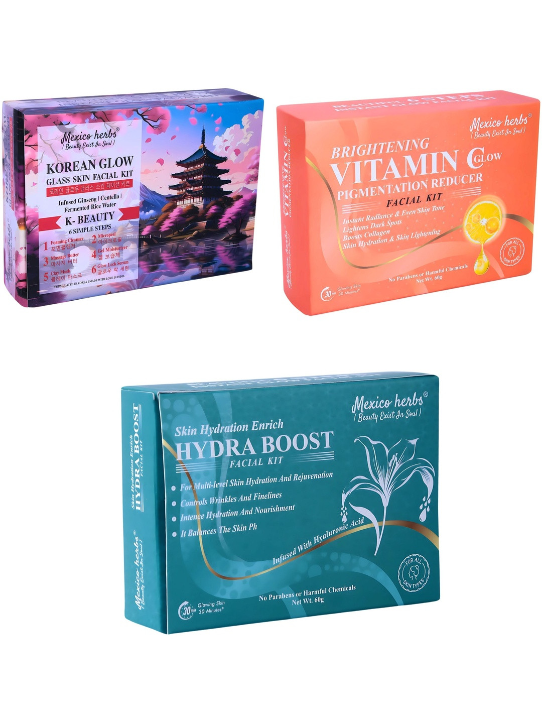 Mexico herbs Set Of 3 Korean Vitamin C & Hydra Boost Facial Kit For Anti Ageing - 60g Each