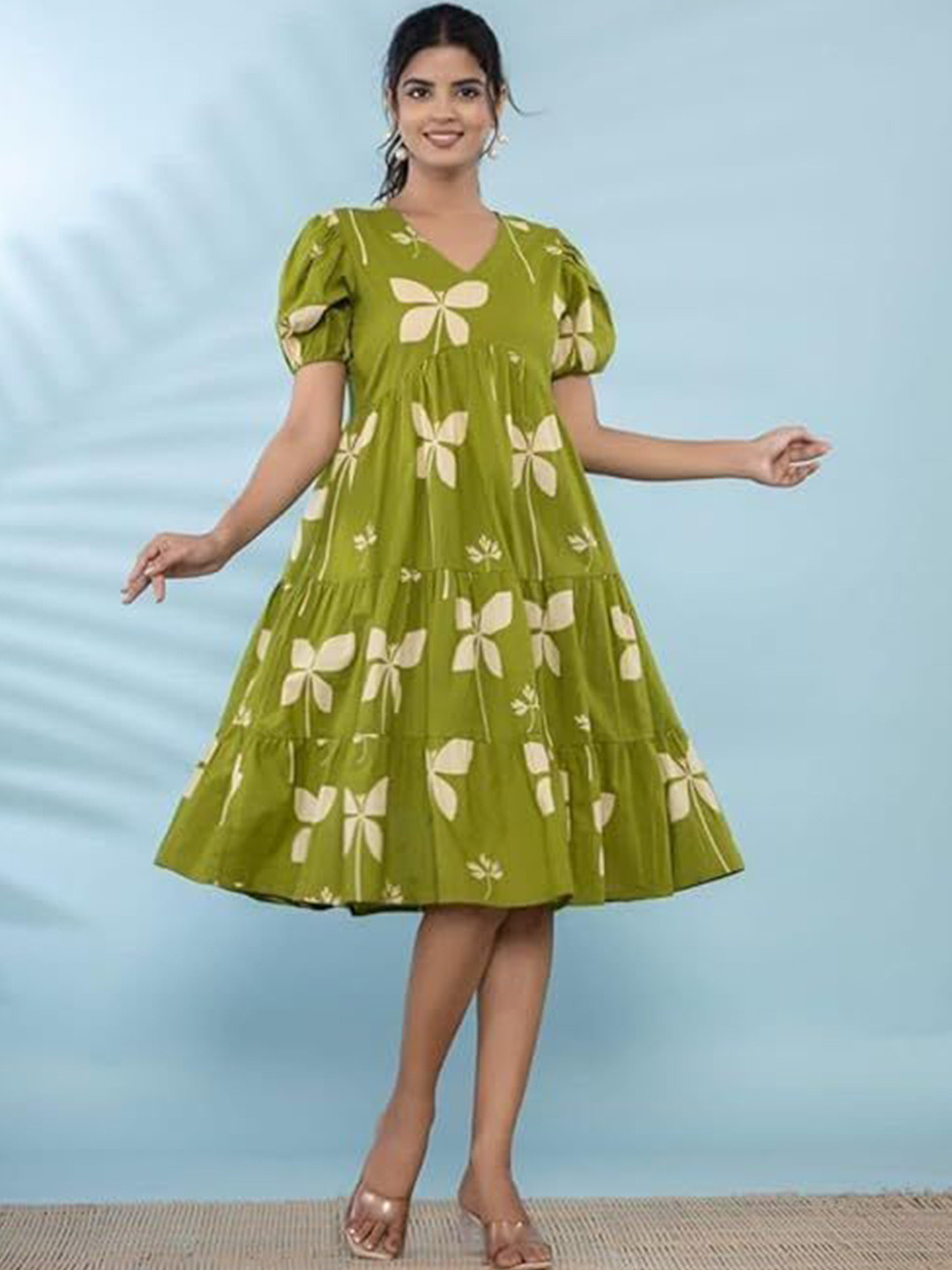 ROZLAND Women Floral Print Georgette Fit & Flare Midi Dress