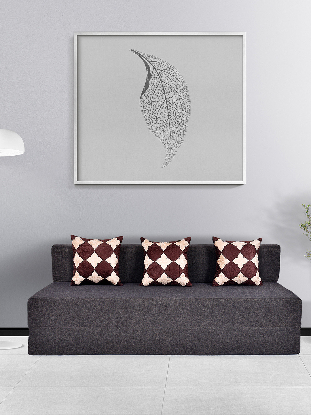 FRIENDS LIFE Grey & Brown 3 Seater Fold Out Sofa Cum Bed With Pillows