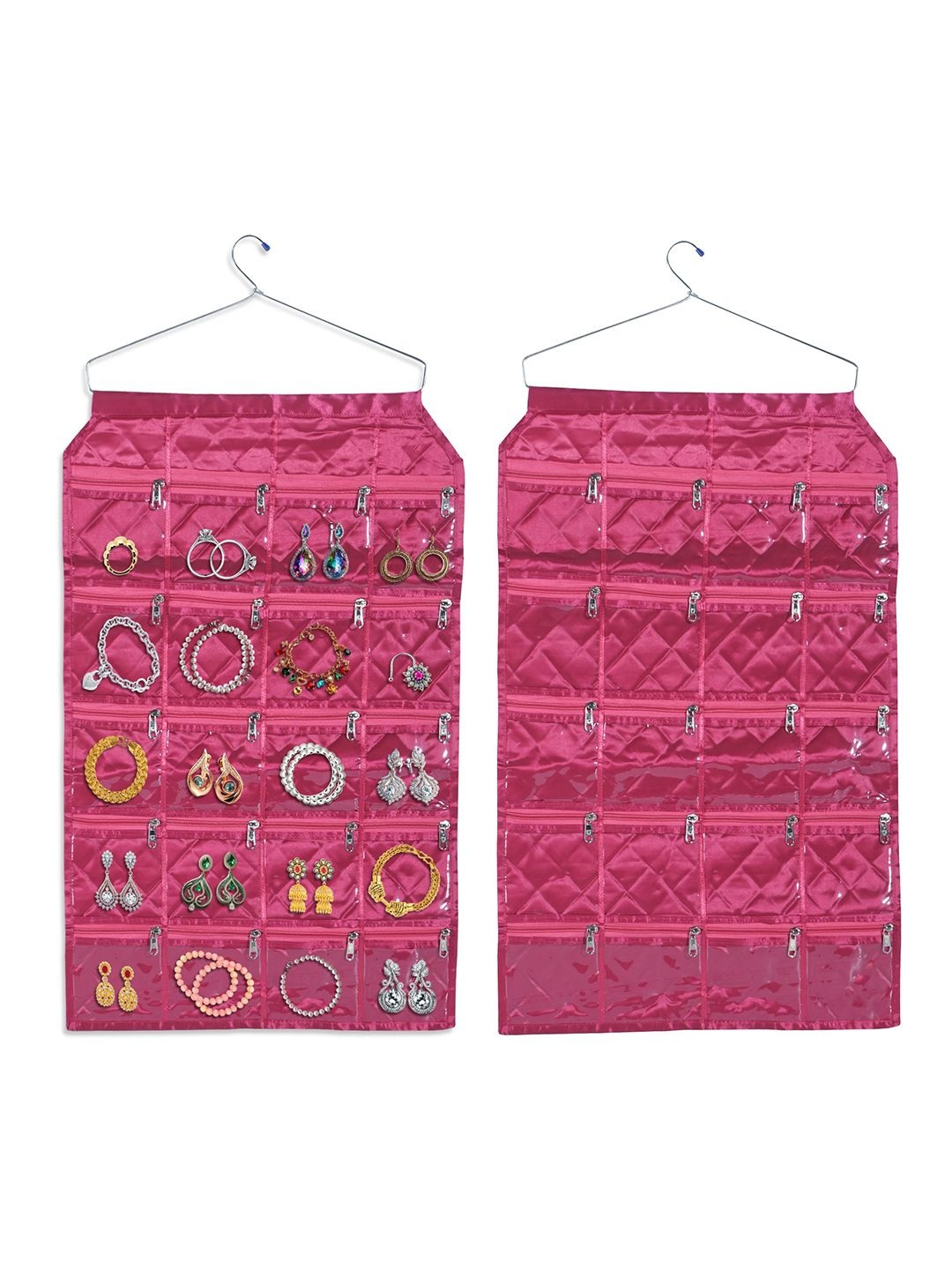 Aura Pink 2 Pieces Satin Hanging Jewelry Organisers with 20 Pockets
