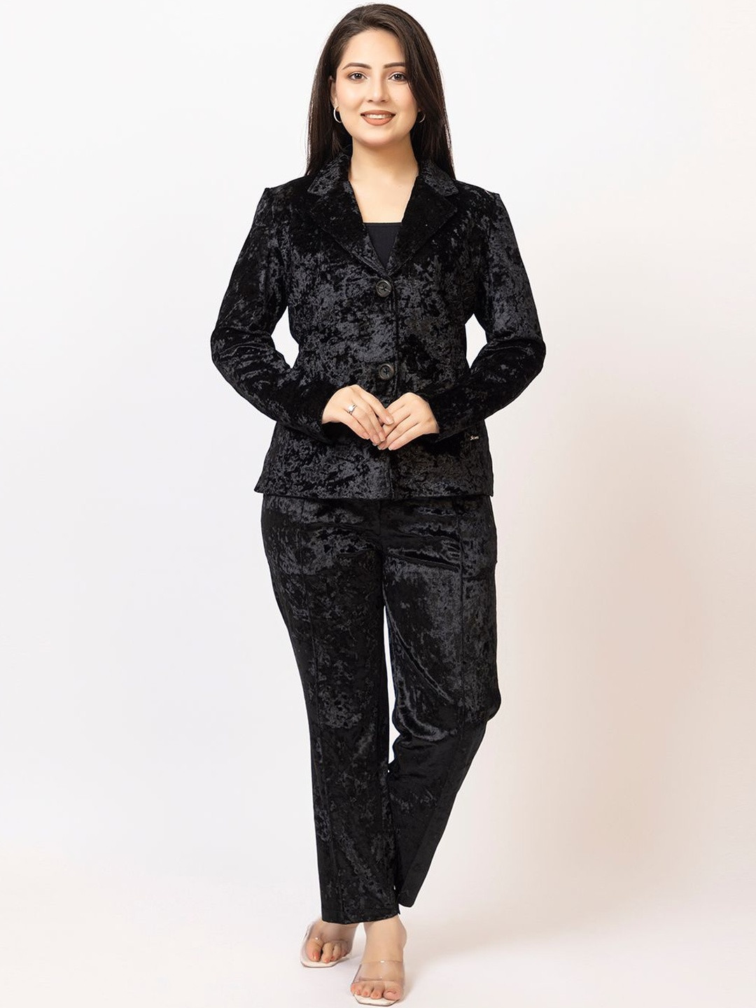 LASOON Lapel Neck Long Sleeves Velvet Coat With Trousers Co-Ords