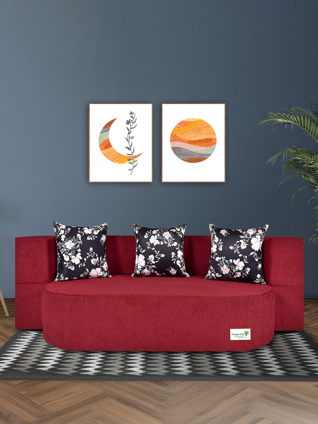 FRIENDS LIFE Maroon & Black 3 Seater Matte Inflatable Sofa Cum Bed With Pillows