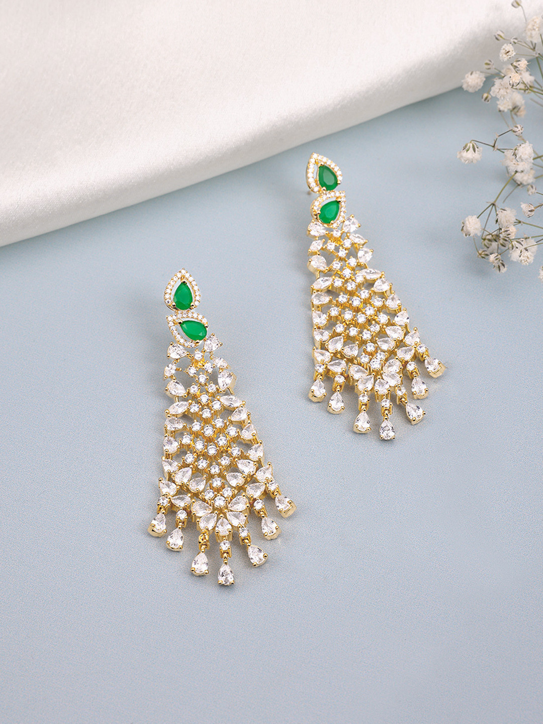 Peora Gold-Plated Crystal Studded Triangular Shaped Drop Earrings