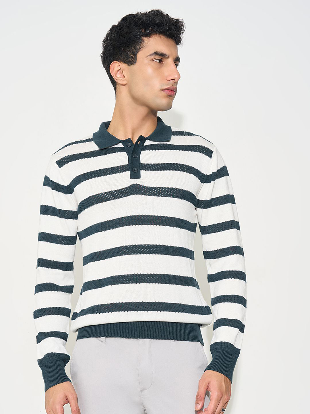 Peregrine by Pantaloons Men Striped Shirt Collar Long Sleeve Pure Cotton Pullover Sweater