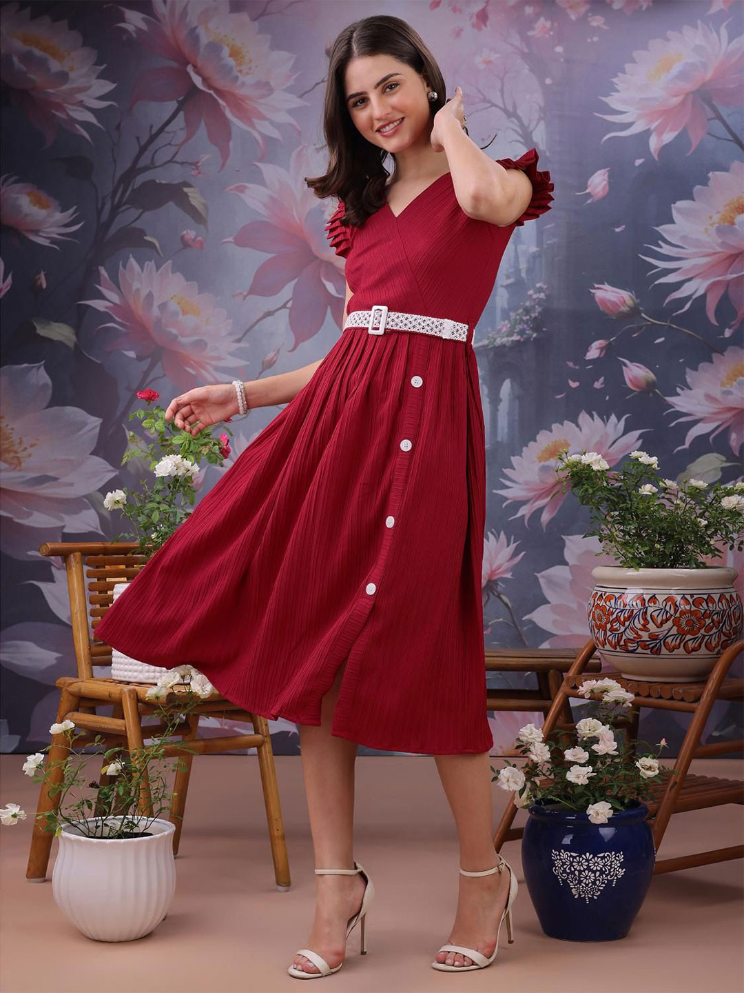 YANAMORA Women Striped Vo Neck Puff Sleeves Fit & Flare Dress