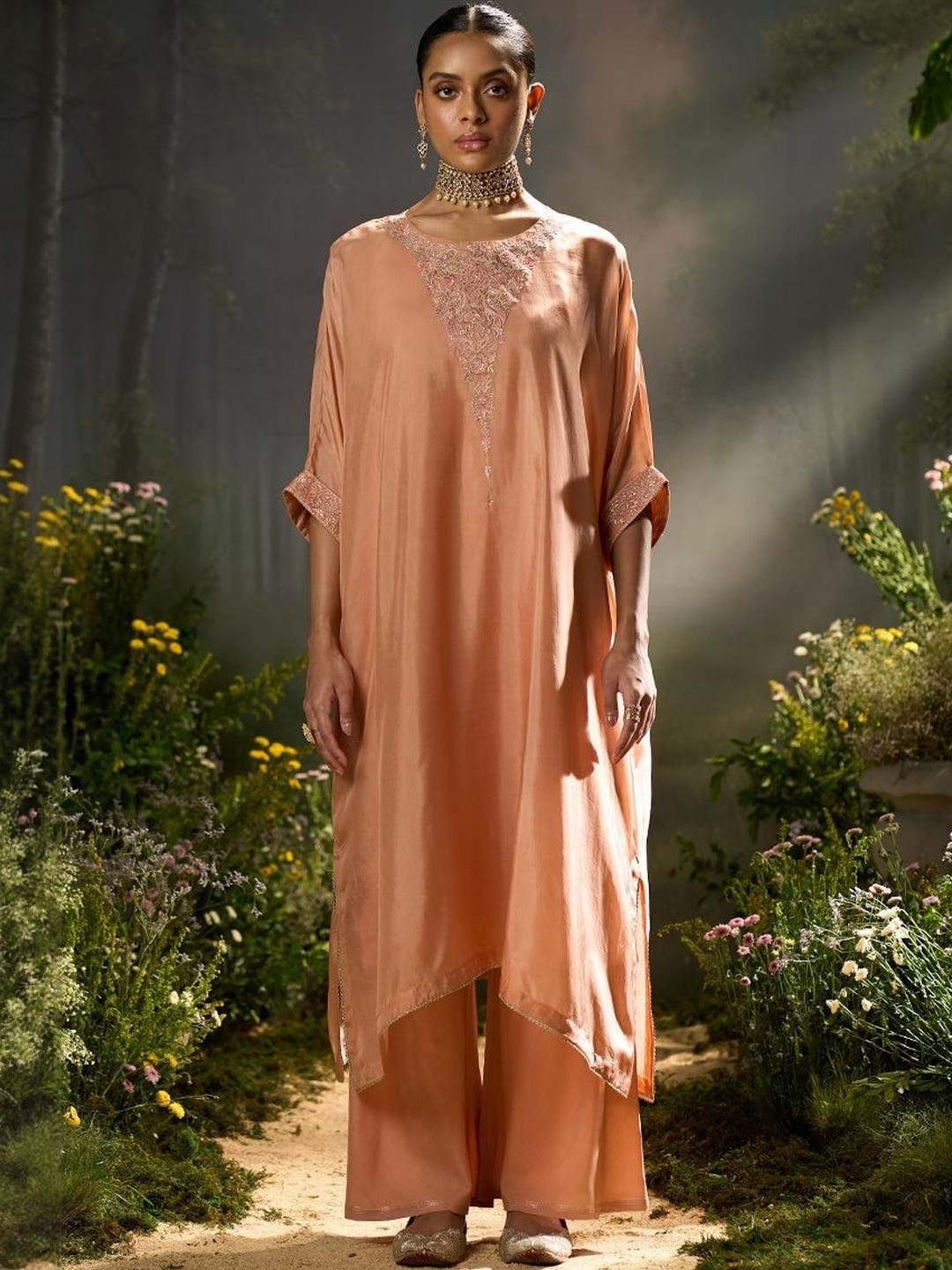 Ganga Embroidered Silk Kaftan Top With Palazzo Co-Ords
