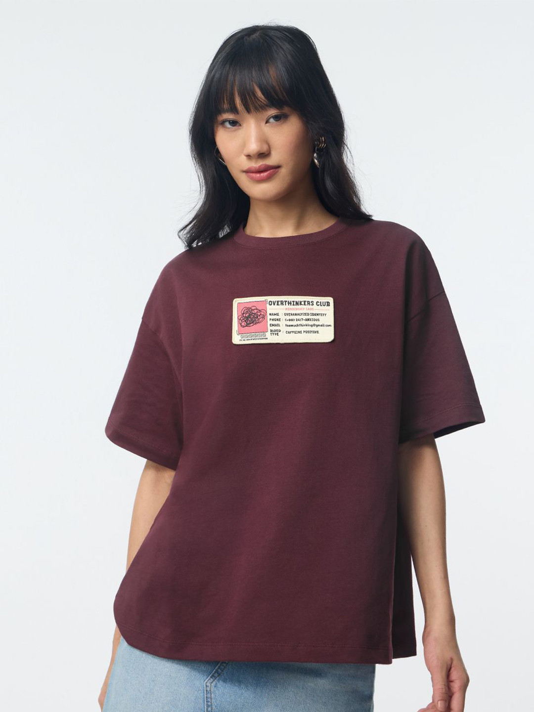 The Souled Store Women Oversized Fit Printed Maroon T-Shirts