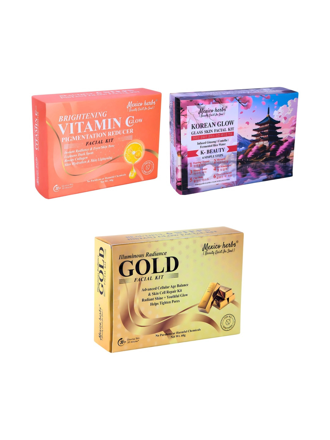 Mexico herbs Set Of 3 Korean Vitamin C & Gold Facial Kit For Skin Brightening - 60 g Each