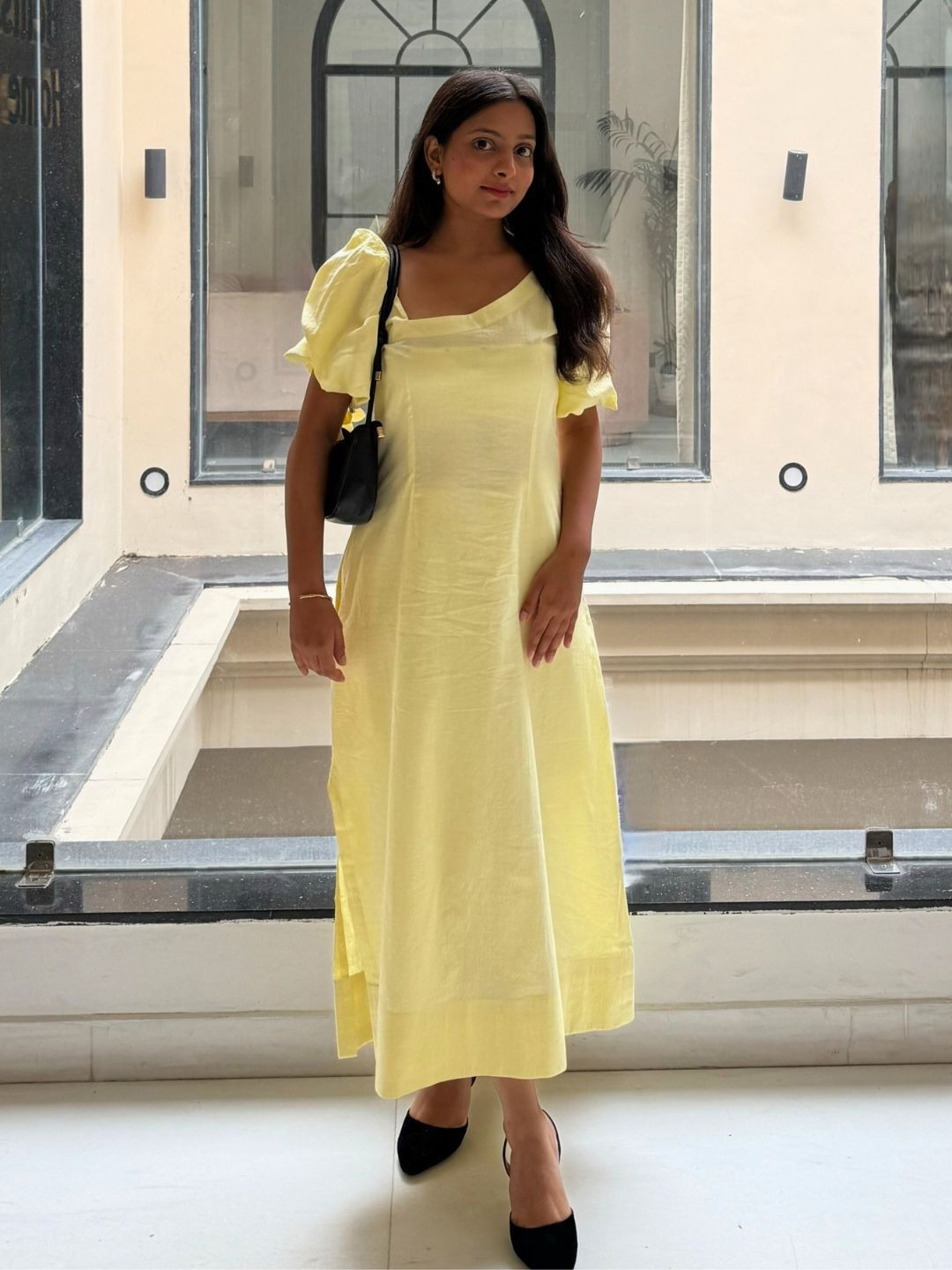 TRUE TONES Women V-Neck Puff Sleeve Cotton Wrap Midi Dress