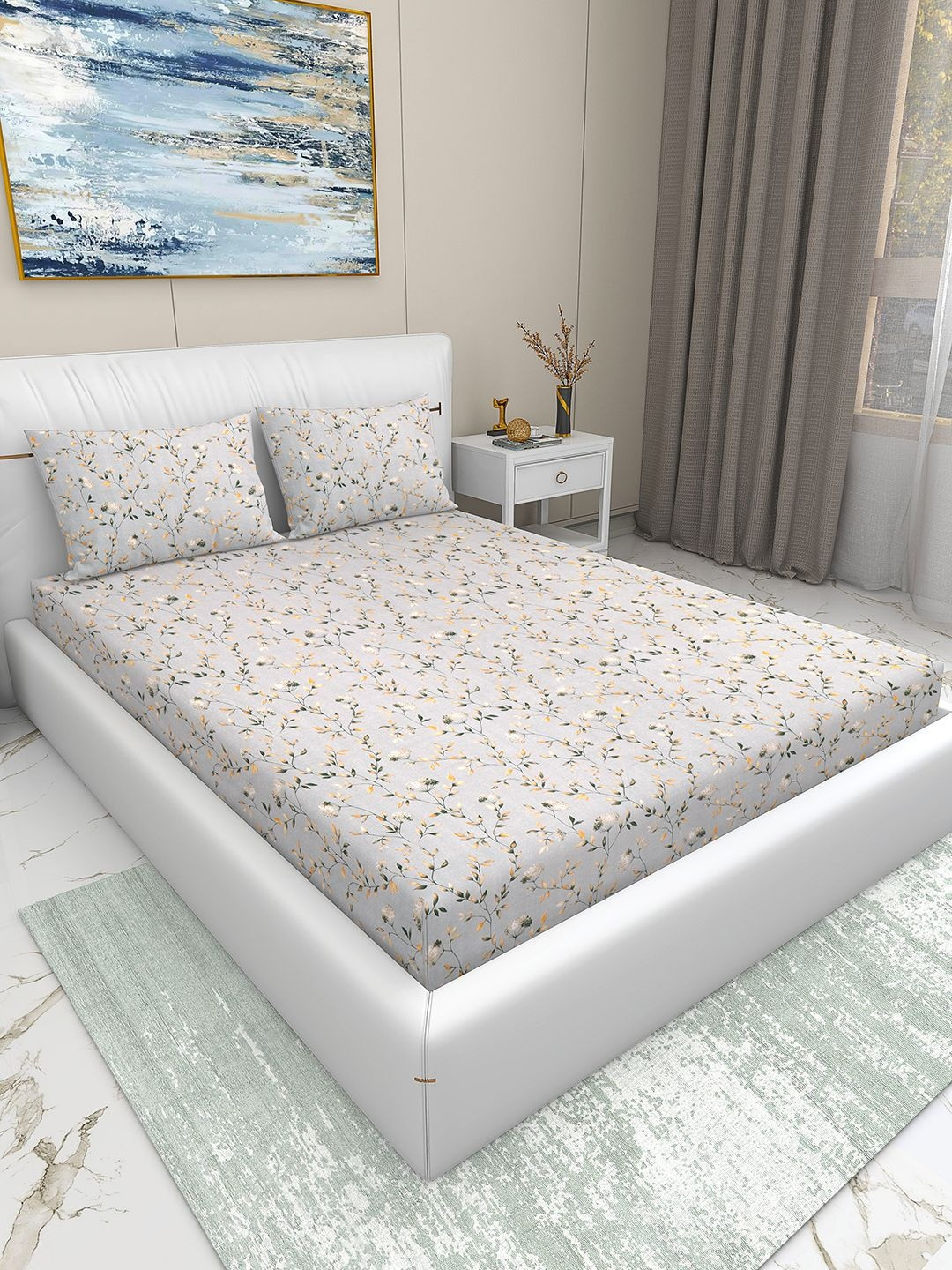 Aura Green And Yellow Floral Printed Cotton 220 TC Double King Bedsheet 108 x 108 inch