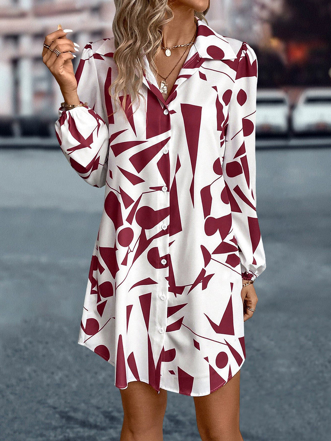 Outzidr Abstract Printed Bishop Sleeve Collared Neck Shirt Dress