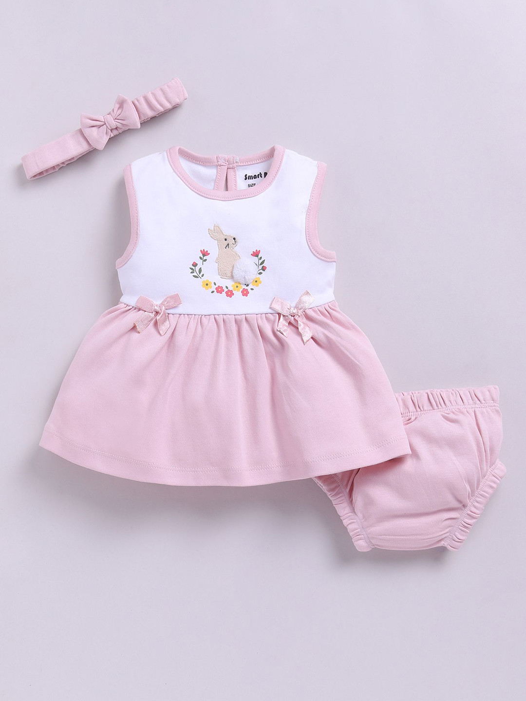 Smart Baby Floral Applique Bow Style Gather & Pleated Dress