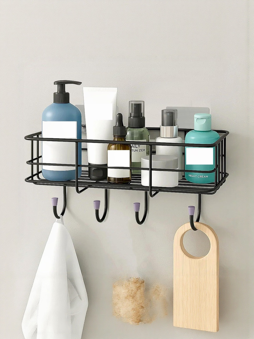 M Y Iron Coating Self-Adhesive Black Metal Wall Shelf with Keyholders
