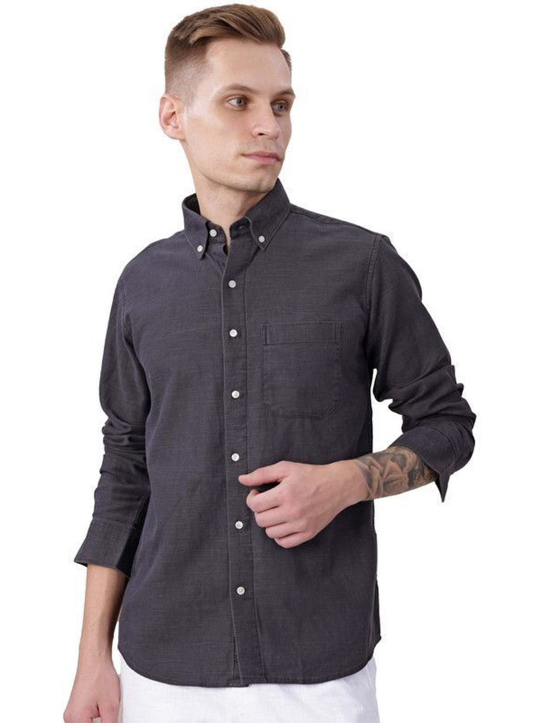 FRENCH CROWN Men Button-Down Collar Standard Chambray Cotton Formal Shirt