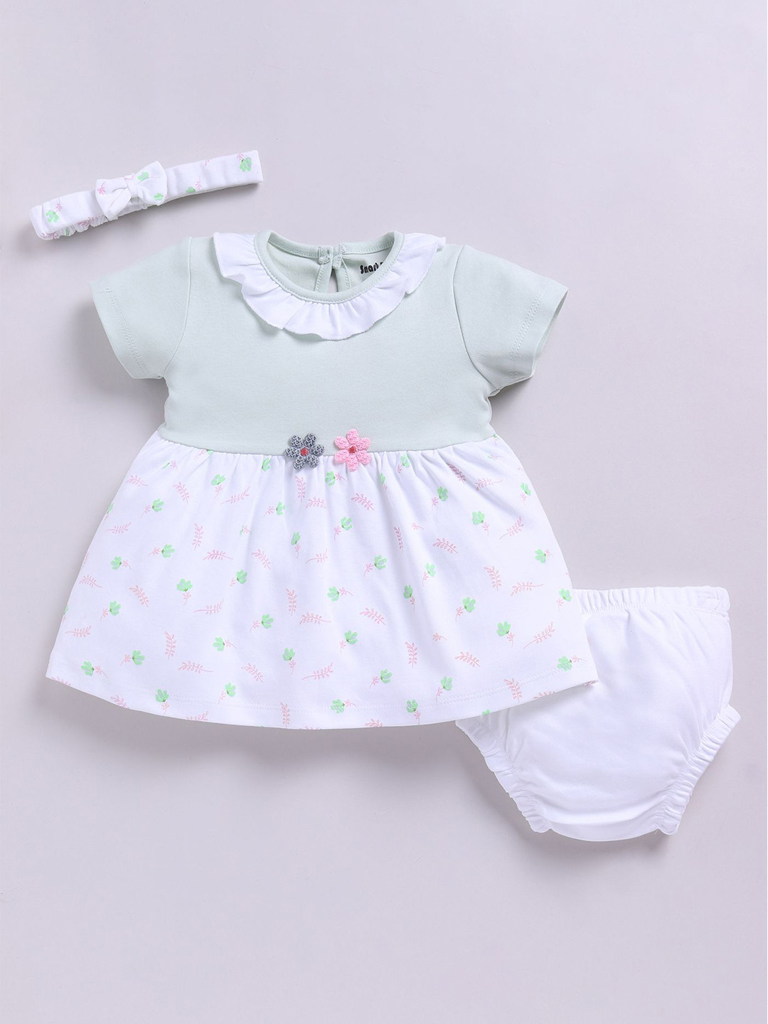 Smart Baby Girls Floral Printed Applique Round Neck Short Sleeves A-Line Knee Length Dress