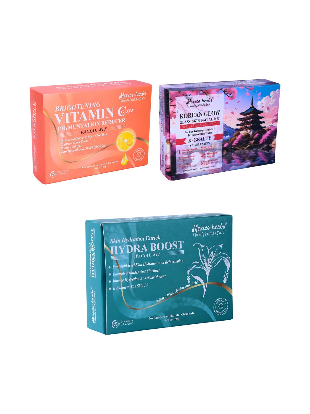 Mexico herbs Set Of 3 Korean Glow, Vitamin C & Hydra Boost Facial Kit - 10 g Each