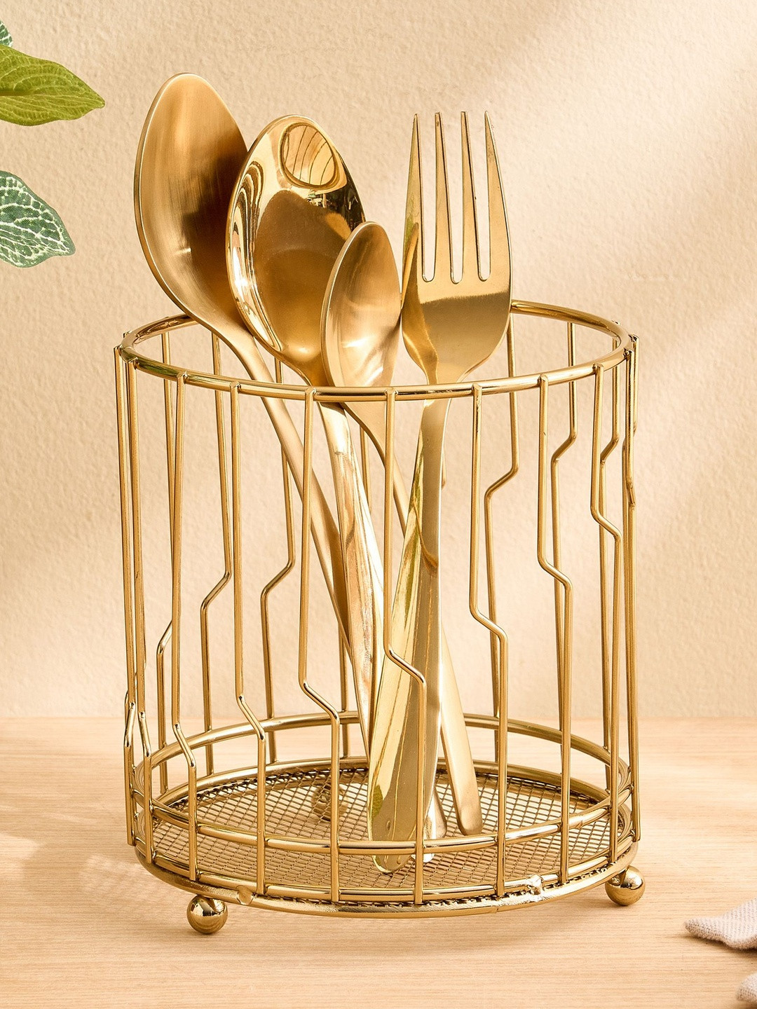 Home Centre Gold-Toned Metal Cutlery Holder