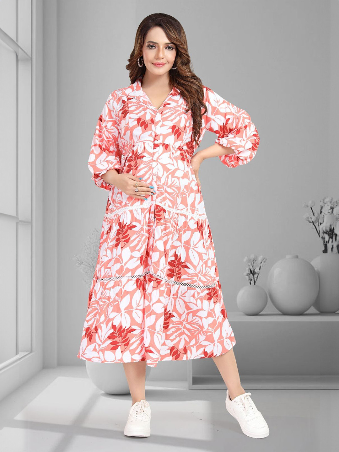 MomsBae Women Floral Printed Shirt Collar Maternity Midi Dress