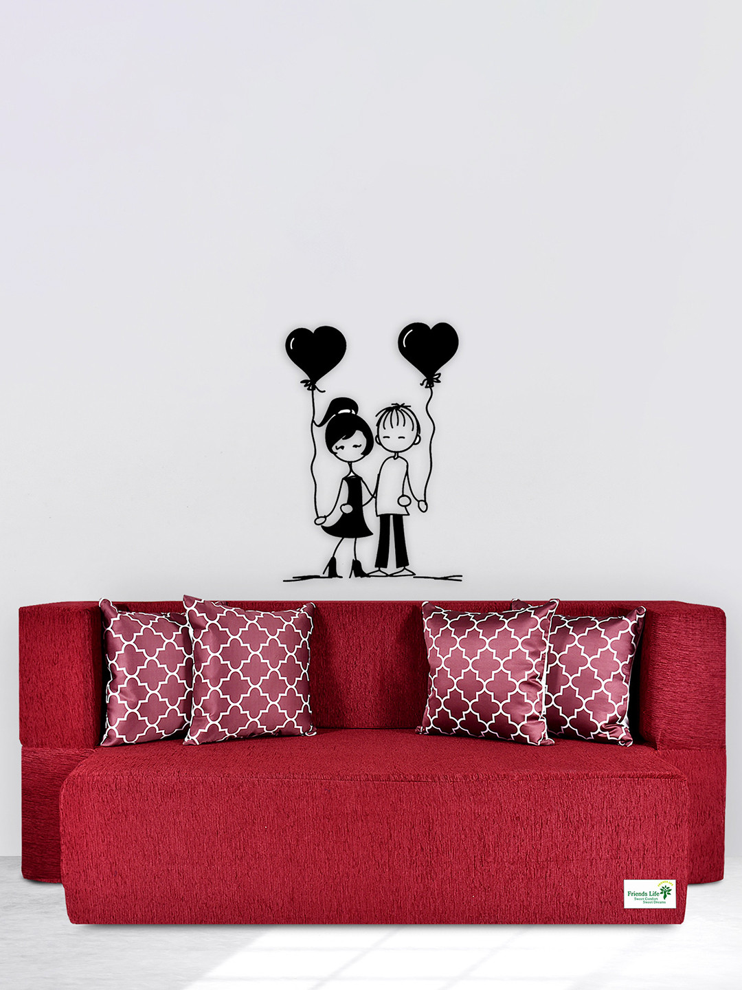 FRIENDS LIFE Maroon & White 4 Seater Fold Out Sofa Cum Bed With 4 Pillows