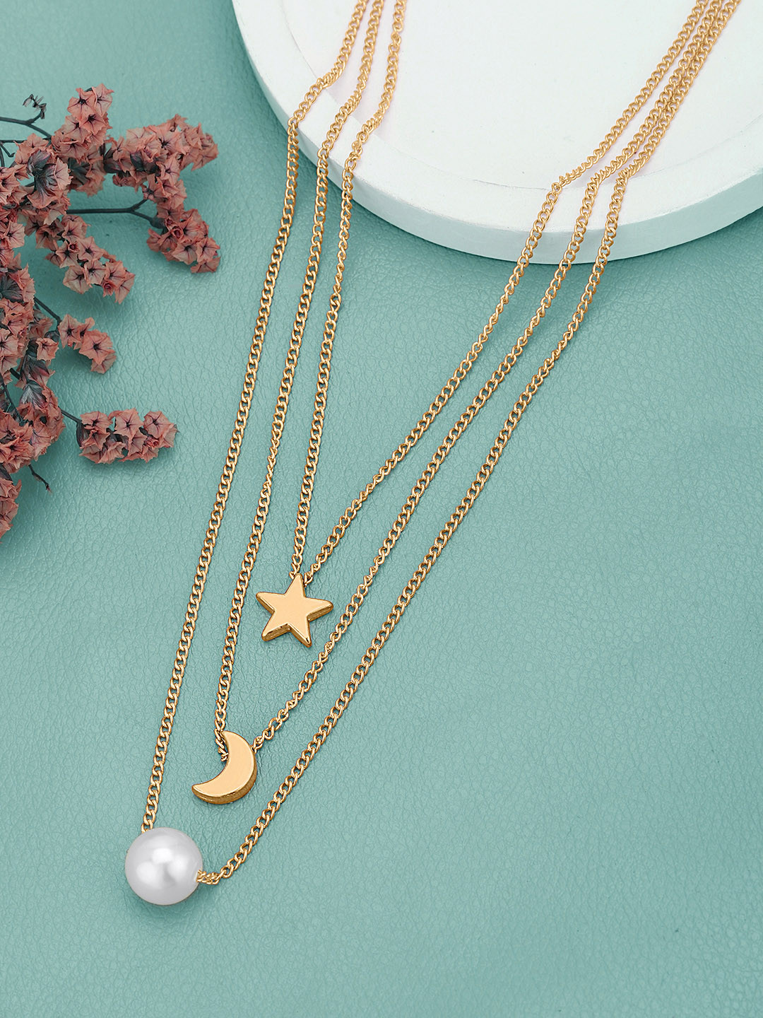 Carlton London Rose Gold Plated Star Moon & Pearl Pendant Multi Layered Necklace