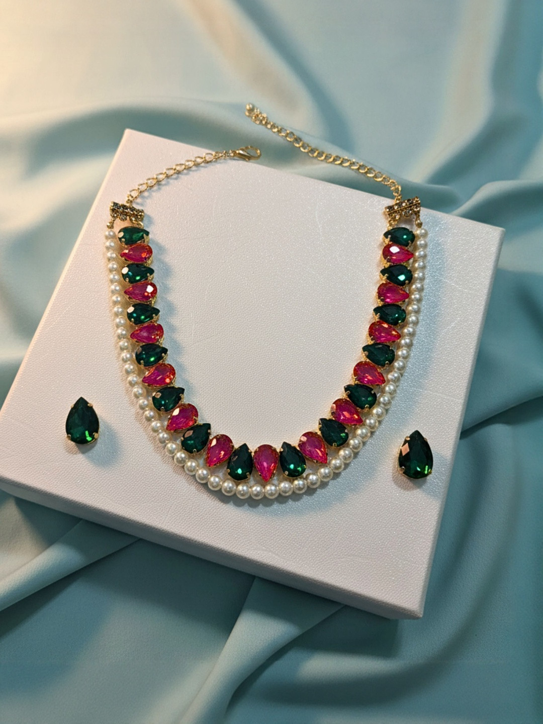 Anouk Gold-Plated American Diamond Studded & Pearls Beaded Necklace With Earrings