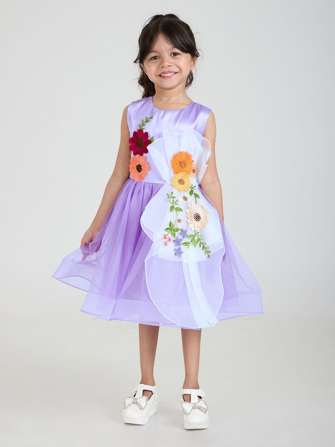 Hopscotch Girls Purple Floral Embroidered Sleeveless Dress
