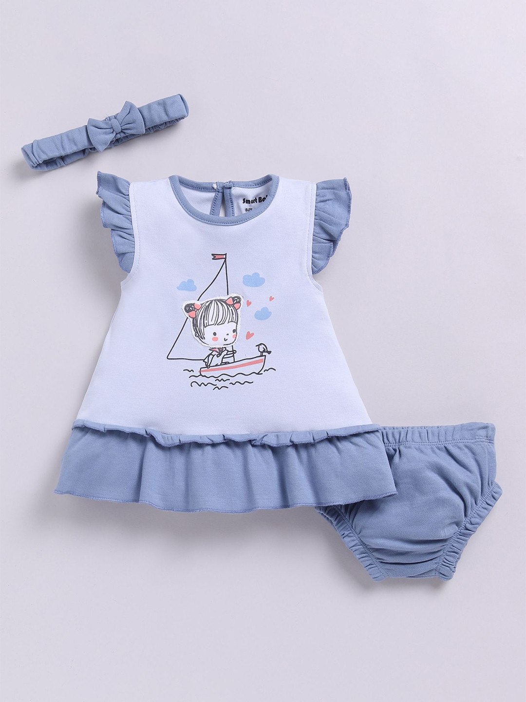 Smart Baby Girls Printed Round Neck Flutter Sleeves A-Line Dress With Bloomer & Headband