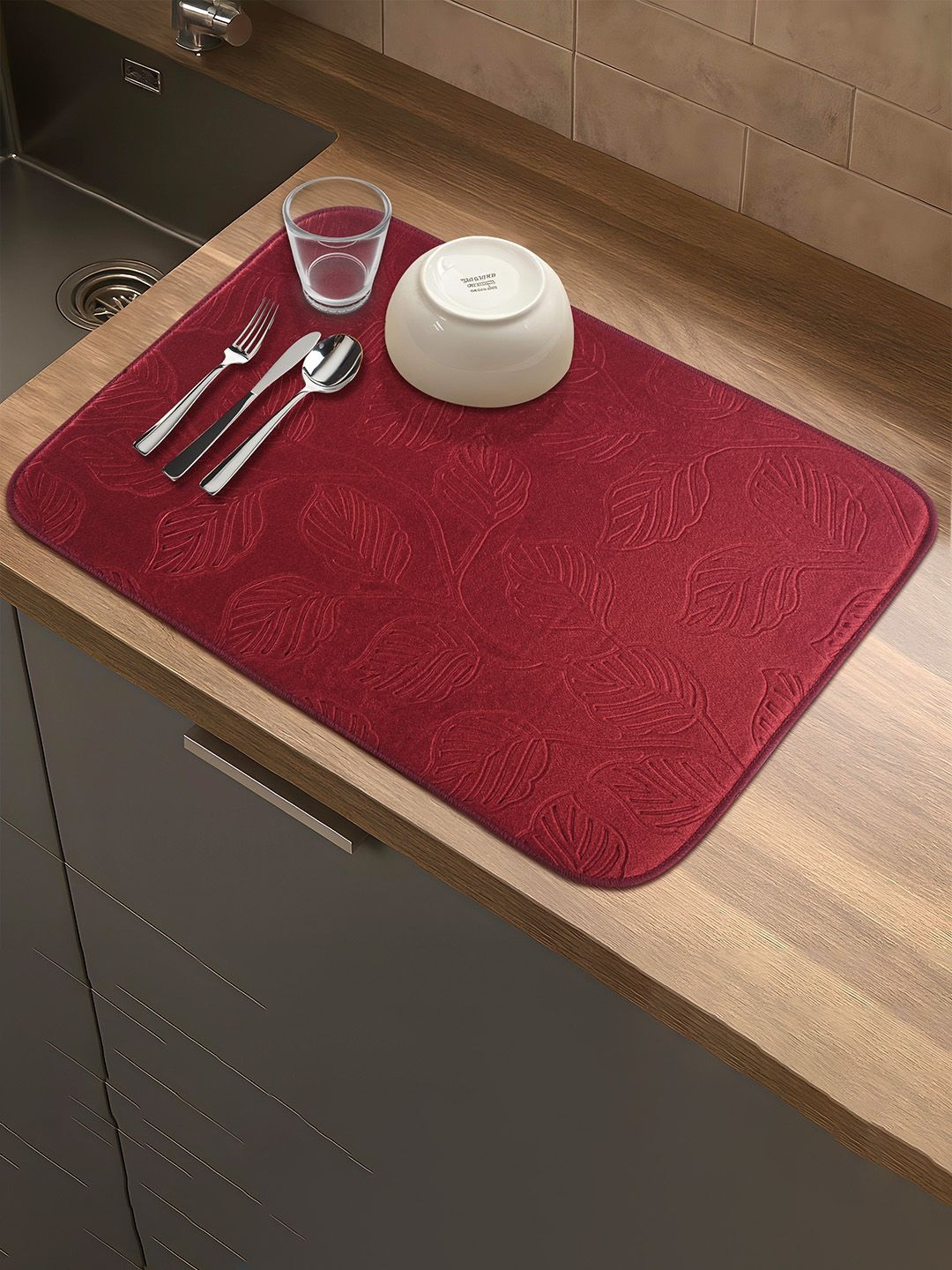 Aura Maroon Self Design Anti-Skid Microfiber Dish Drying Kitchen Mat