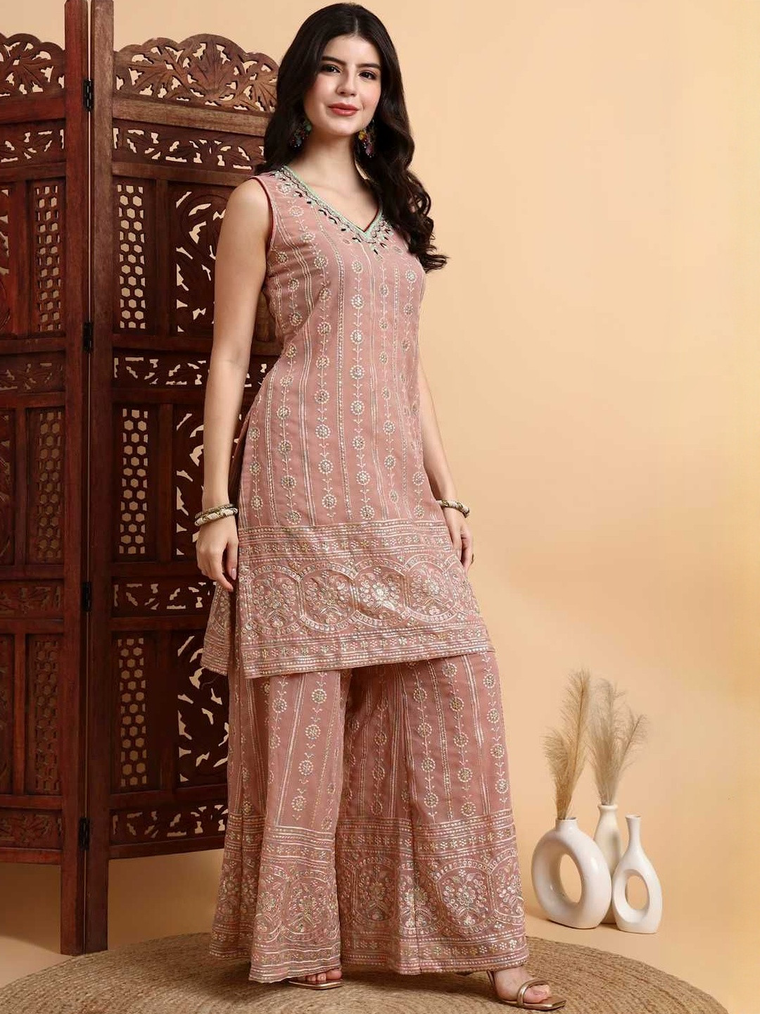 House of Pataudi Embroidered Straight Zardoshi Kurti Palazzos With Dupatta