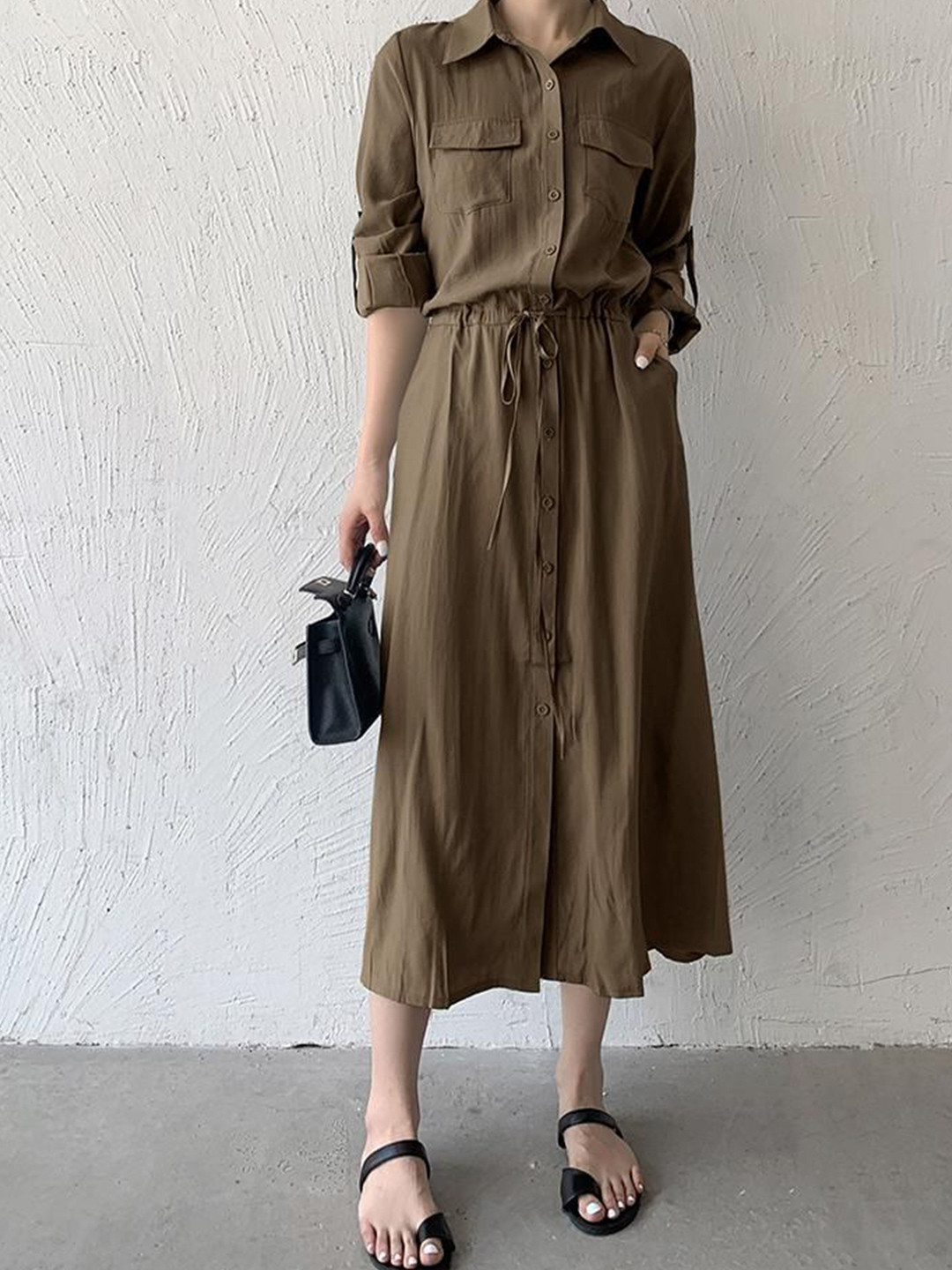 Outzidr Roll-Up Sleeves Spread Collar Shirt Midi Dress