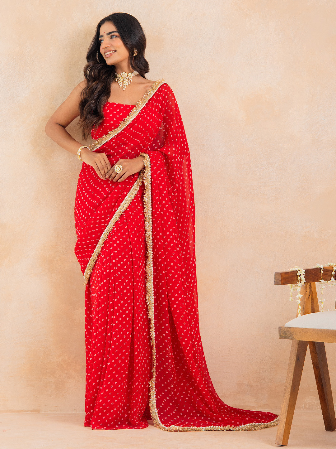 KAORI BY SHREYA AGARWAL Aarza Red Bandhej Pre-Draped Saree Set