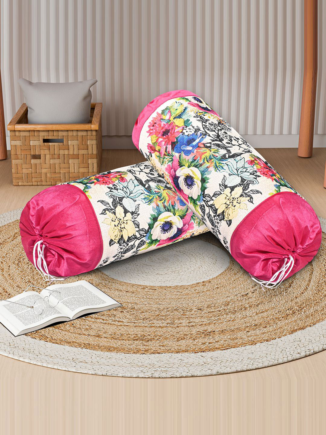 Kuber Industries 2Pcs Cream-Colored Floral Cotton Round Side Bolster Covers With Dori