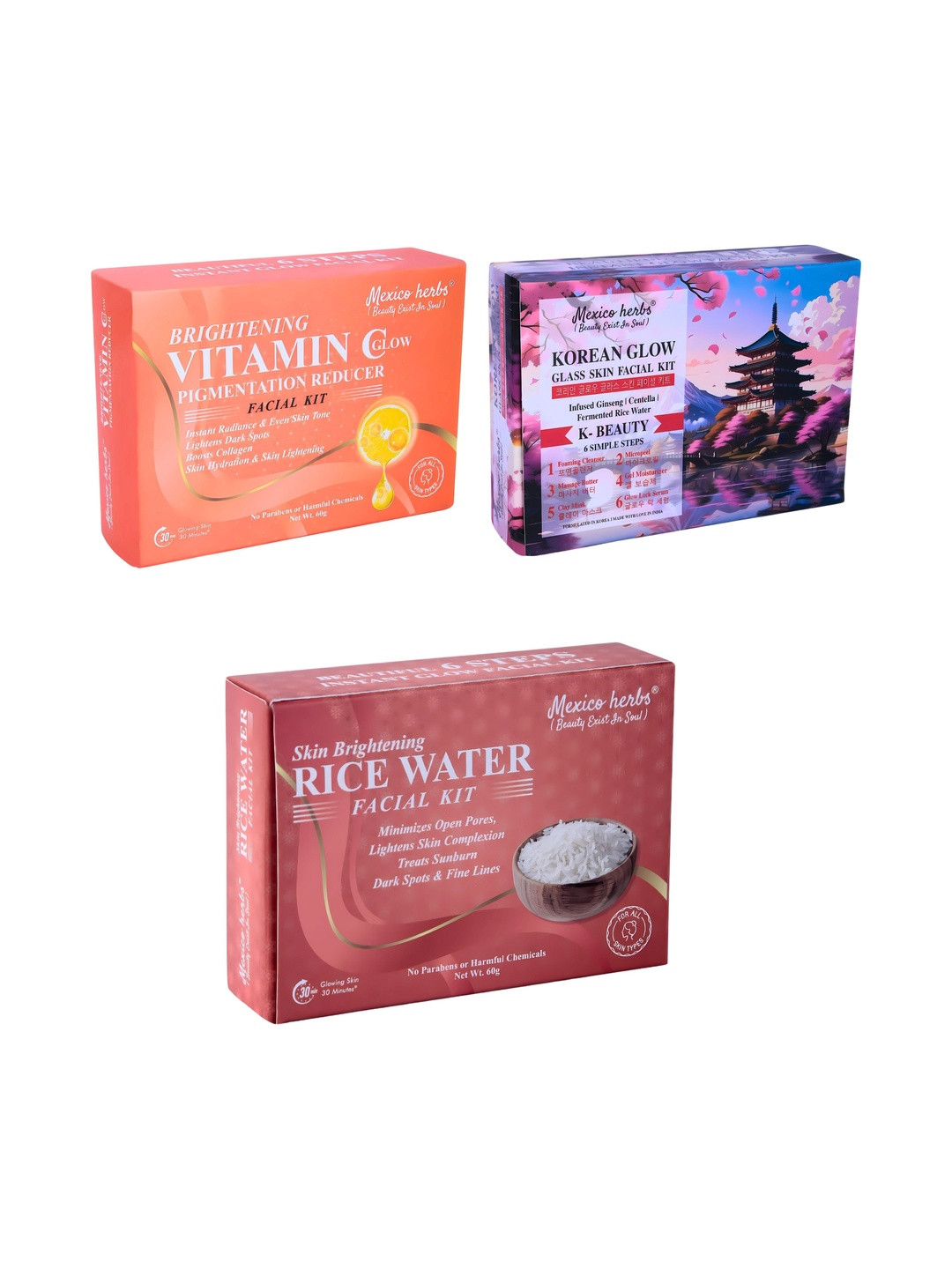Mexico herbs Set Of 3 Vitamin C, Korean Glow & Rice Water Facial Kit - 10 g Each