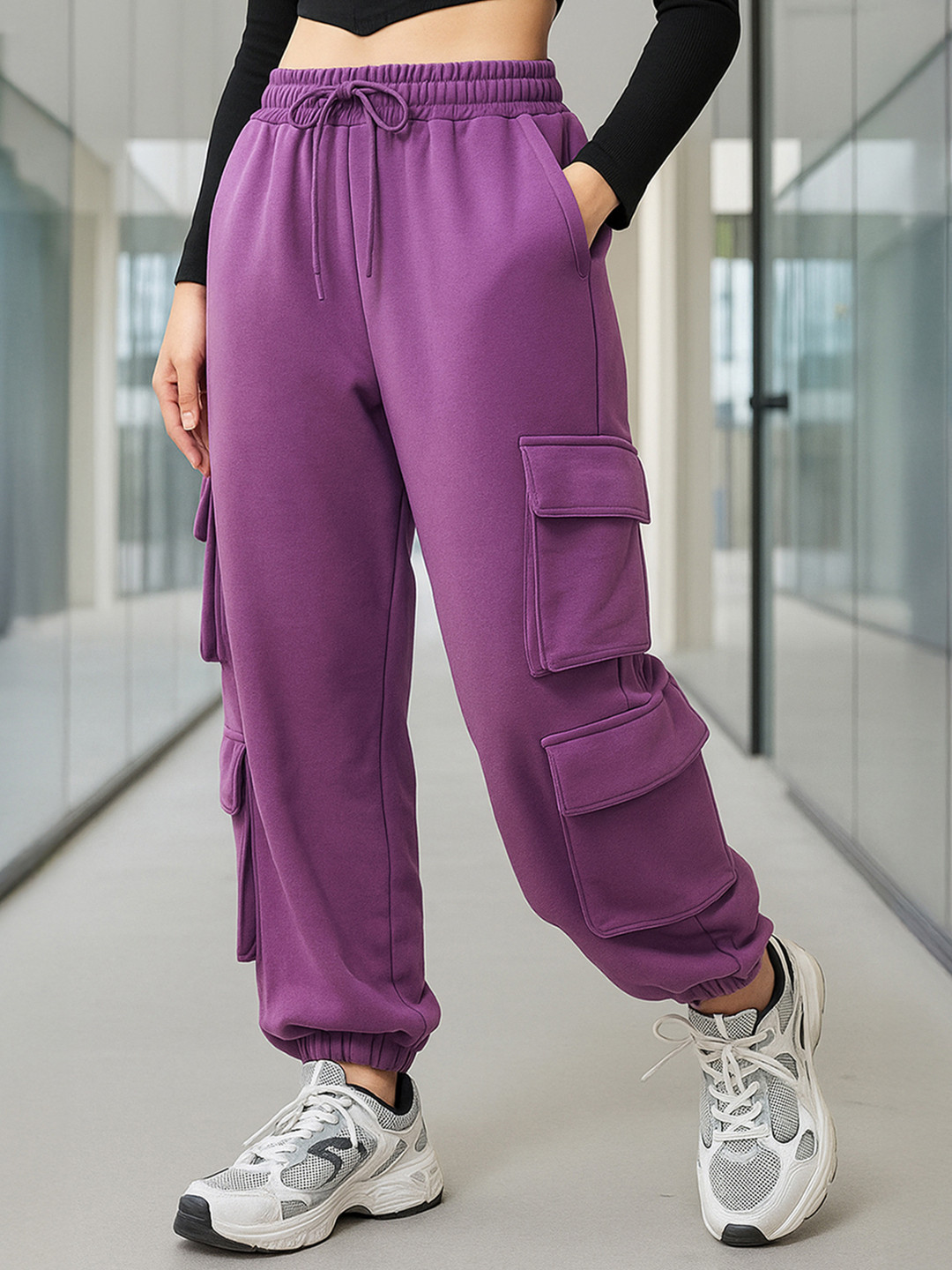 Bewakoof Purple Women Relaxed Super Loose Fit Cotton Cargo Jogger