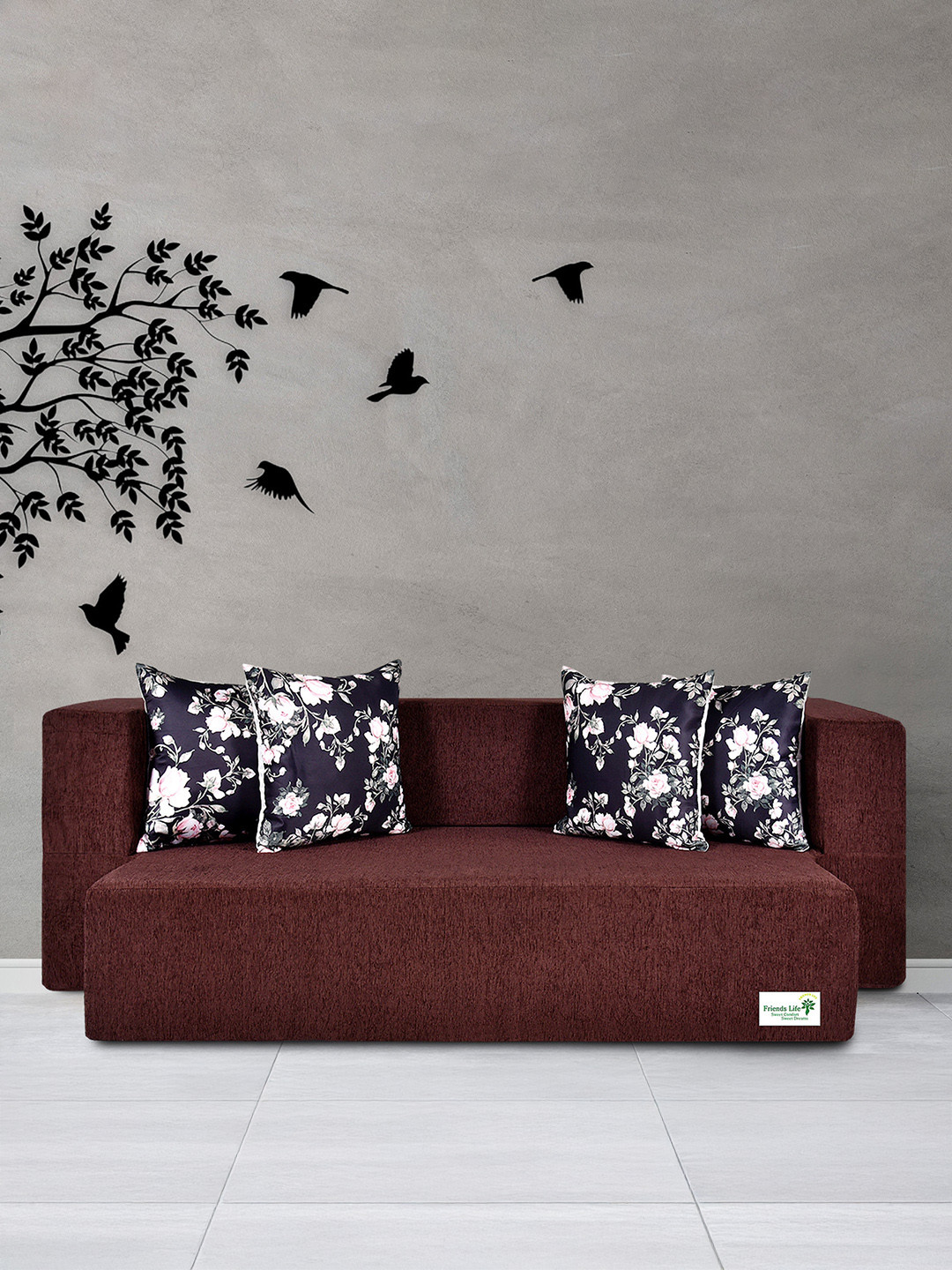 FRIENDS LIFE Brown 3 Seater Matte-Finished Comfort For All Sofa Cum Bed With 4 Pillows