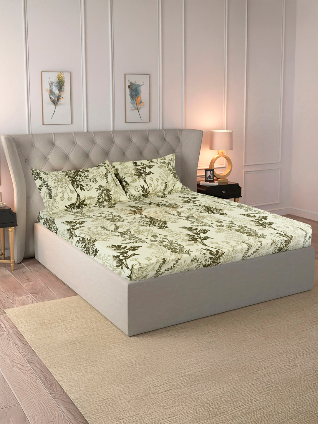 MAXNAP Sleep Support White Printed 144 TC Microfiber Queen Bedsheet Set 2.20 m x 2.40 m