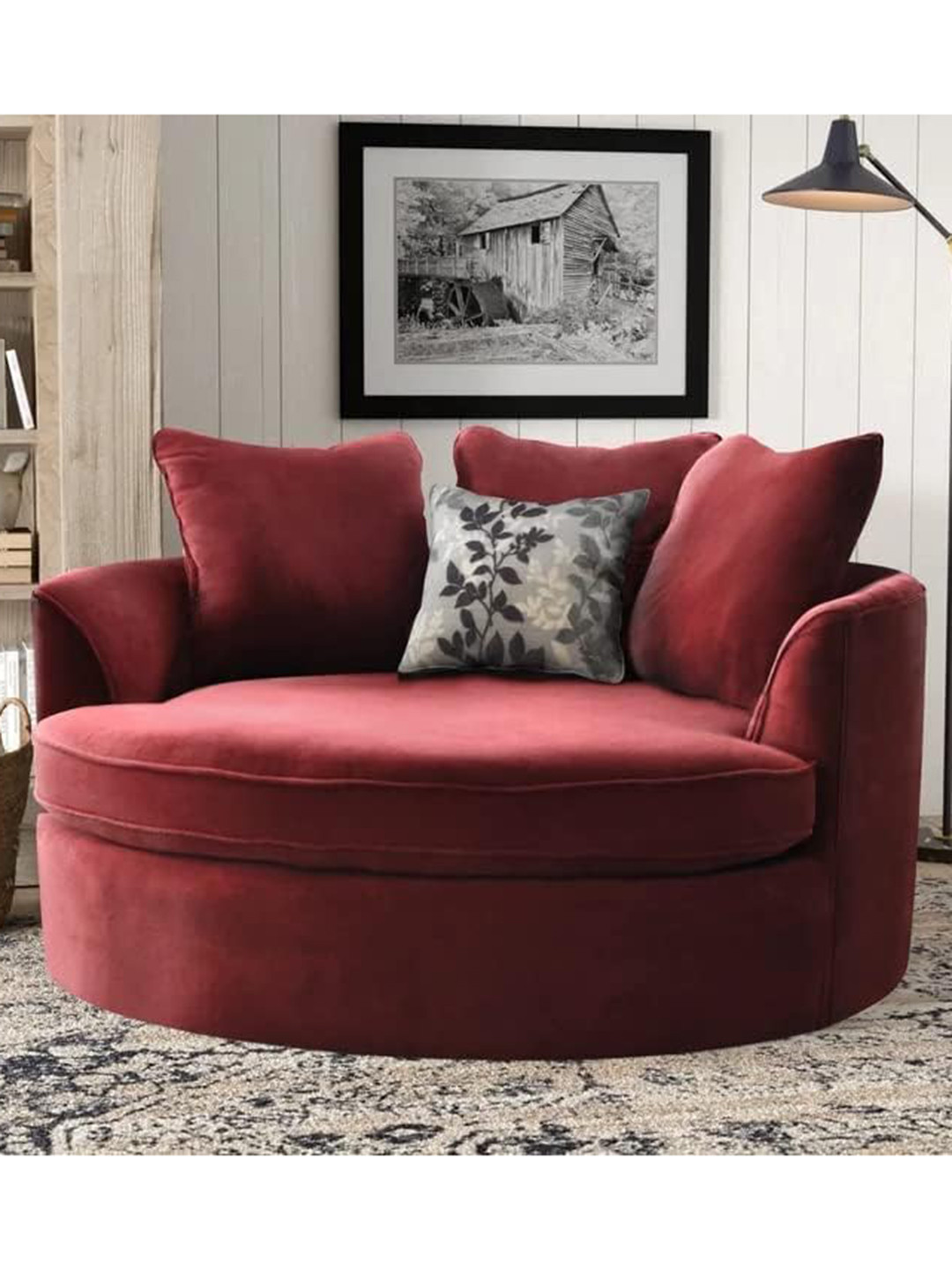 FRIENDS LIFE Unisex Red Wooden Curved Barrel Lounge Chair Accent Sofa