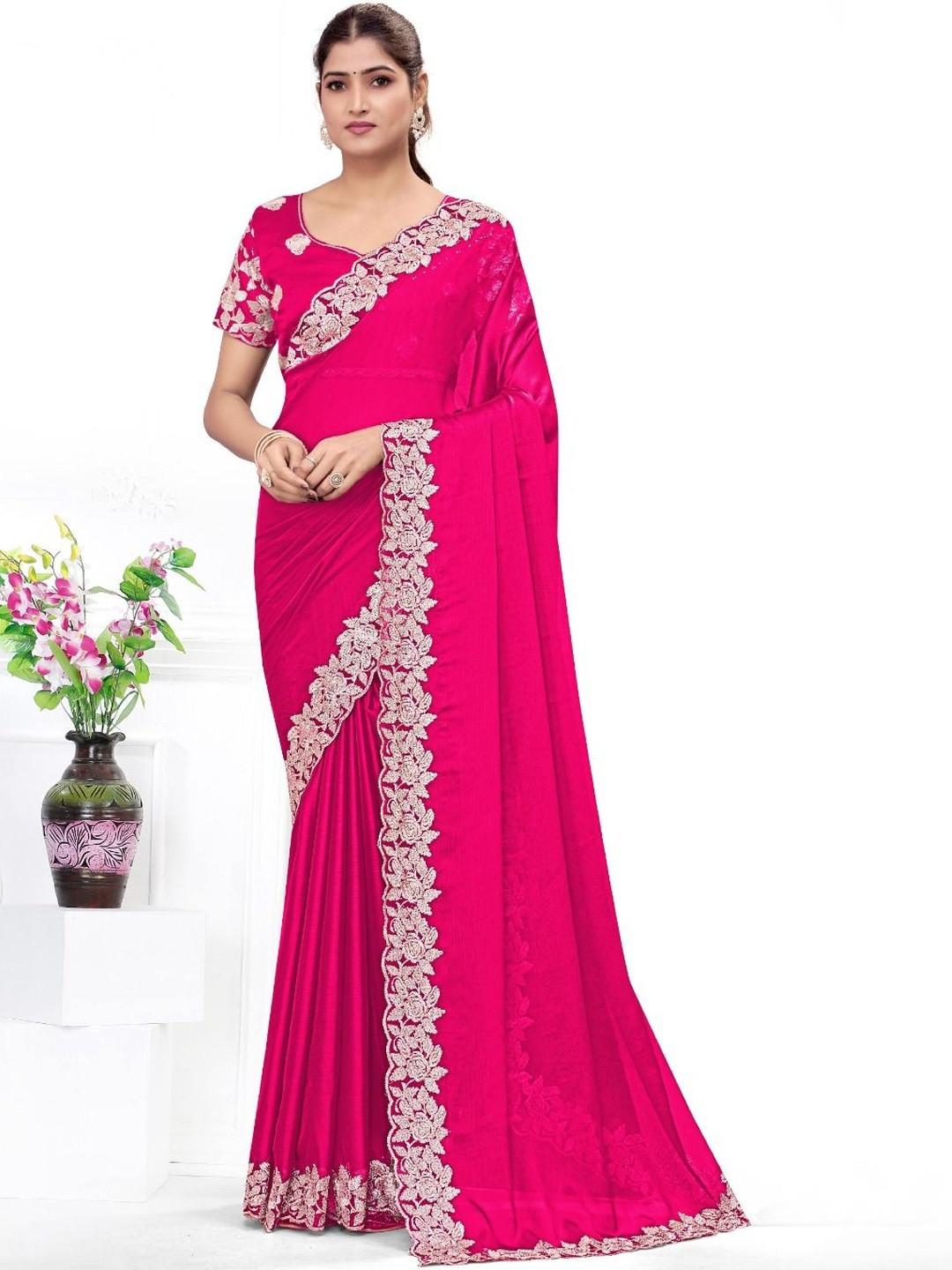 MODEHEAVEN Embellished Embroidered Heavy Work Saree With Blouse Piece
