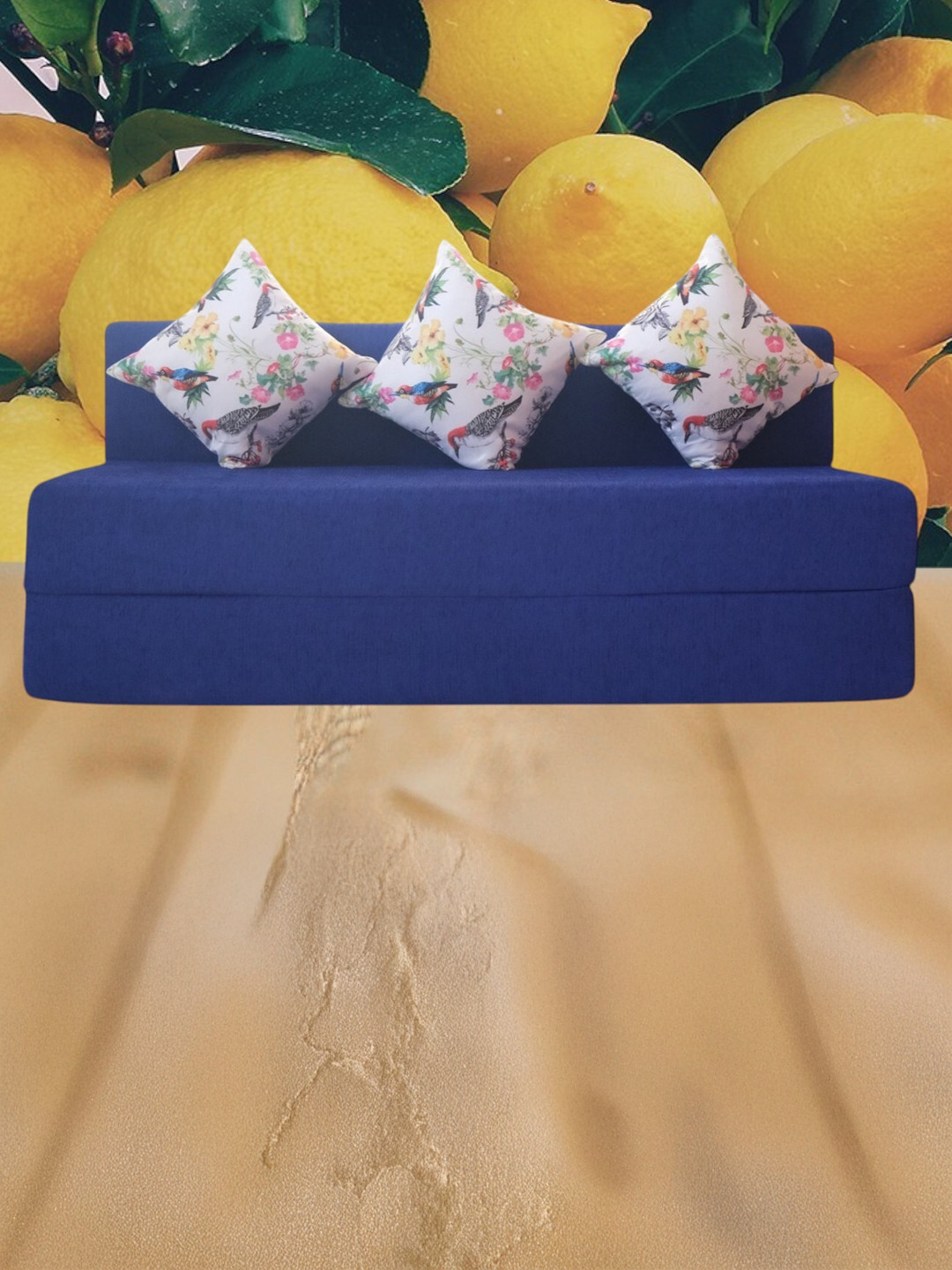 FRIENDS LIFE Blue & White 3 Seater Fold Out Sofa Cum Bed With Pillows