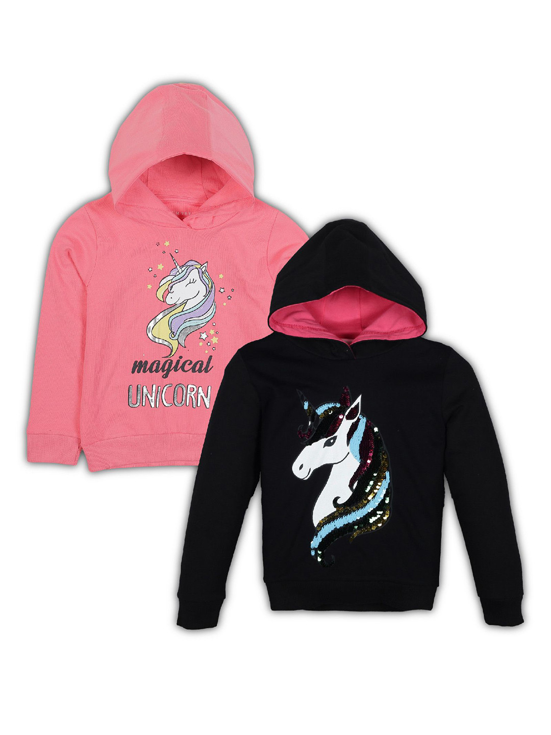 PLUM TREE Girls Pack Of 2 Sequins Reversible Hooded Pure Cotton Pullover Sweatshirts